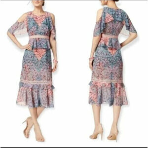 JAX Black Label 16 Cold Shoulder Floral Printed Midi Dress Womens Layered